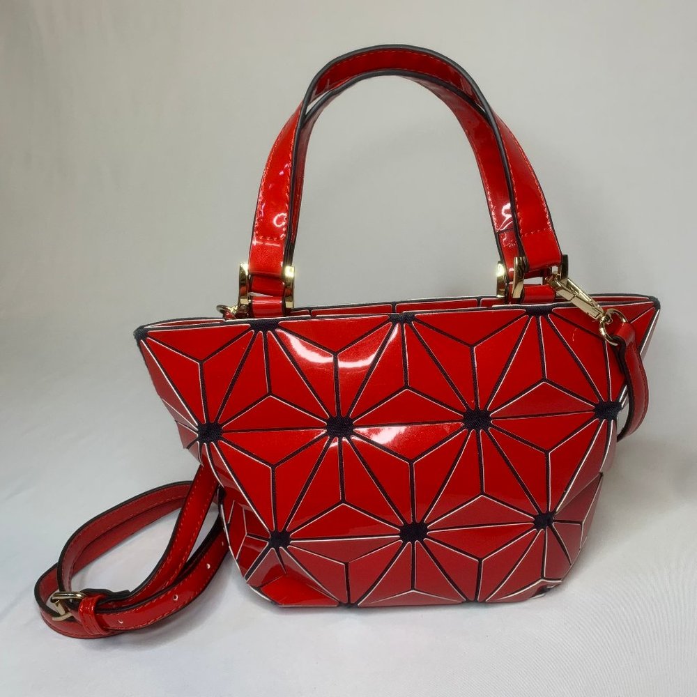 Geometric Prism Faux Leather Top Handle Crossbody Bag Purse Lustrous Red Black